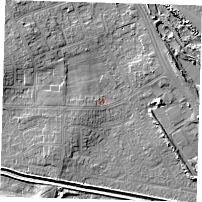 Shaded relief map of the ground around DN350HZ, computed from Environment Agency LiDAR. The ground here sits at about 4 m above sea level and falls 6 m across the surrounding 800 m. Surface water reaching this point runs off ground lying to the west-south-west, 2.1 m higher.