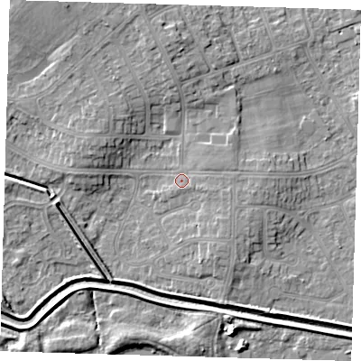 Shaded relief map of the ground around DN350JA, computed from Environment Agency LiDAR. The ground here sits at about 4 m above sea level and falls 7 m across the surrounding 800 m. Surface water reaching this point runs off ground lying to the east, 3.2 m higher.