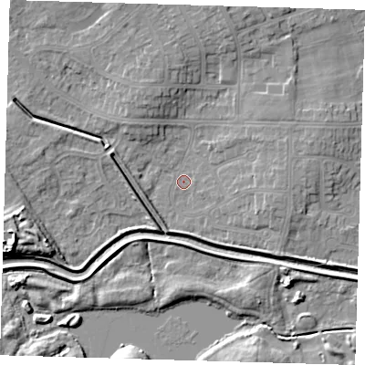Shaded relief map of the ground around DN350JB, computed from Environment Agency LiDAR. The ground here sits at about 3 m above sea level and falls 10 m across the surrounding 800 m. Surface water reaching this point runs off ground lying to the west-south-west, 2.0 m higher.