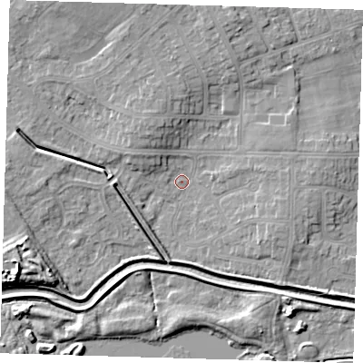 Shaded relief map of the ground around DN350JD, computed from Environment Agency LiDAR. The ground here sits at about 3 m above sea level and falls 10 m across the surrounding 800 m. Surface water reaching this point runs off ground lying to the west-south-west, 1.8 m higher.