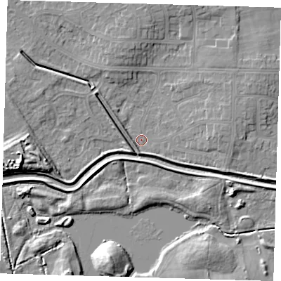 Shaded relief map of the ground around DN350JE, computed from Environment Agency LiDAR. The ground here sits at about 3 m above sea level and falls 10 m across the surrounding 800 m. Surface water reaching this point runs off ground lying to the west-south-west, 1.7 m higher.
