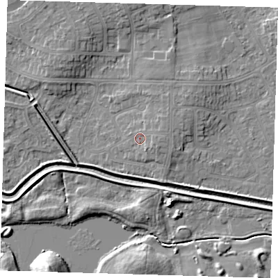 Shaded relief map of the ground around DN350JF, computed from Environment Agency LiDAR. The ground here sits at about 5 m above sea level and falls 8 m across the surrounding 800 m. Surface water reaching this point runs off ground lying to the east, 1.4 m higher.