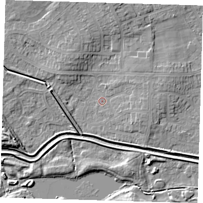 Shaded relief map of the ground around DN350JG, computed from Environment Agency LiDAR. The ground here sits at about 3 m above sea level and falls 7 m across the surrounding 800 m. Surface water reaching this point runs off ground lying to the east-north-east, 3.1 m higher.