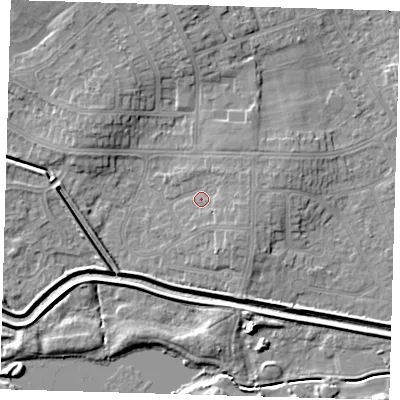 Shaded relief map of the ground around DN350JH, computed from Environment Agency LiDAR. The ground here sits at about 4 m above sea level and falls 6 m across the surrounding 800 m. Surface water reaching this point runs off ground lying to the east-north-east, 3.0 m higher.