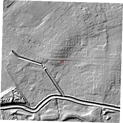 Shaded relief map of the ground around DN350JL, computed from Environment Agency LiDAR. The ground here sits at about 4 m above sea level and falls 10 m across the surrounding 800 m. Surface water reaching this point runs off ground lying to the north-north-west, 5.9 m higher.