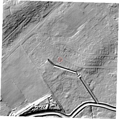 Shaded relief map of the ground around DN350JN, computed from Environment Agency LiDAR. The ground here sits at about 4 m above sea level and falls 10 m across the surrounding 800 m. Surface water reaching this point runs off ground lying to the north-west, 7.9 m higher.