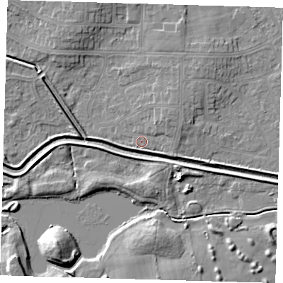 Shaded relief map of the ground around DN350JQ, computed from Environment Agency LiDAR. The ground here sits at about 4 m above sea level and falls 8 m across the surrounding 800 m. Surface water reaching this point runs off ground lying to the north-east, 2.4 m higher.
