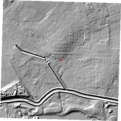 Shaded relief map of the ground around DN350JY, computed from Environment Agency LiDAR. The ground here sits at about 4 m above sea level and falls 10 m across the surrounding 800 m. Surface water reaching this point runs off ground lying to the north-north-west, 5.9 m higher.