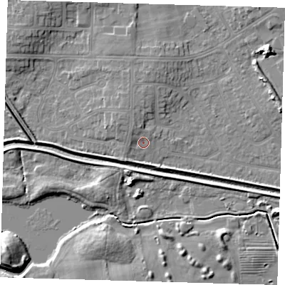 Shaded relief map of the ground around DN350JZ, computed from Environment Agency LiDAR. The ground here sits at about 4 m above sea level and falls 8 m across the surrounding 800 m. Surface water reaching this point runs off ground lying to the north-north-west, 1.9 m higher.