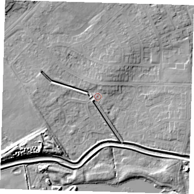 Shaded relief map of the ground around DN350LA, computed from Environment Agency LiDAR. The ground here sits at about 4 m above sea level and falls 10 m across the surrounding 800 m. Surface water reaching this point runs off ground lying to the north-north-west, 5.8 m higher.