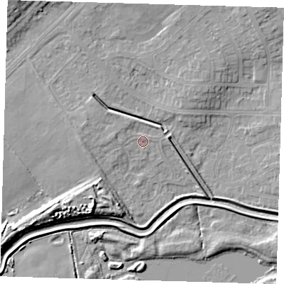 Shaded relief map of the ground around DN350LB, computed from Environment Agency LiDAR. The ground here sits at about 4 m above sea level and falls 10 m across the surrounding 800 m. Surface water reaching this point runs off ground lying to the south-west, 8.6 m higher.