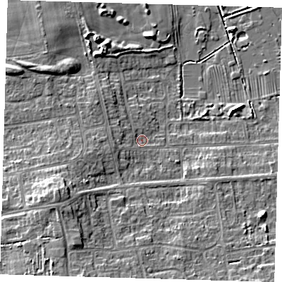 Shaded relief map of the ground around DN350LX, computed from Environment Agency LiDAR. The ground here sits at about 4 m above sea level and falls 9 m across the surrounding 800 m. Surface water reaching this point runs off ground lying to the west-south-west, 2.0 m higher.