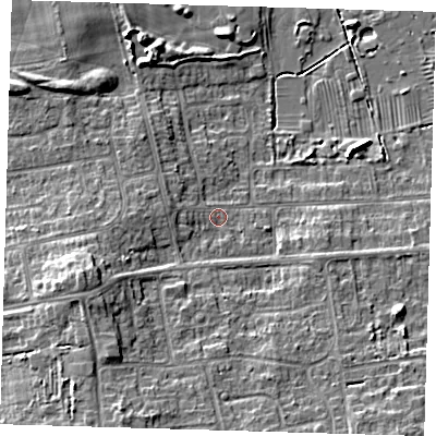 Shaded relief map of the ground around DN350LY, computed from Environment Agency LiDAR. The ground here sits at about 5 m above sea level and falls 8 m across the surrounding 800 m. Surface water reaching this point runs off ground lying to the west-south-west, 5.2 m higher.