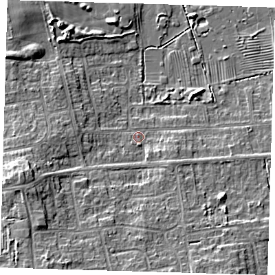 Shaded relief map of the ground around DN350LZ, computed from Environment Agency LiDAR. The ground here sits at about 4 m above sea level and falls 8 m across the surrounding 800 m. Surface water reaching this point runs off ground lying to the south-west, 5.5 m higher.