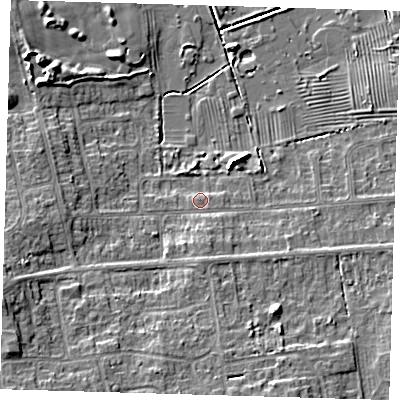 Shaded relief map of the ground around DN350NB, computed from Environment Agency LiDAR. The ground here sits at about 4 m above sea level and falls 8 m across the surrounding 800 m. Surface water reaching this point runs off ground lying to the south-east, 0.9 m higher.