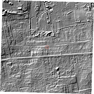 Shaded relief map of the ground around DN350ND, computed from Environment Agency LiDAR. The ground here sits at about 5 m above sea level and falls 8 m across the surrounding 800 m. Surface water reaching this point runs off ground lying to the south-south-west, 1.9 m higher.