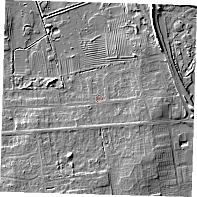 Shaded relief map of the ground around DN350NE, computed from Environment Agency LiDAR. The ground here sits at about 4 m above sea level and falls 7 m across the surrounding 800 m. Surface water reaching this point runs off ground lying to the south-south-west, 3.5 m higher.