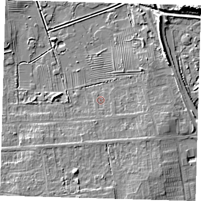 Shaded relief map of the ground around DN350NF, computed from Environment Agency LiDAR. The ground here sits at about 4 m above sea level and falls 9 m across the surrounding 800 m. Surface water reaching this point runs off ground lying to the south-south-east, 1.2 m higher.