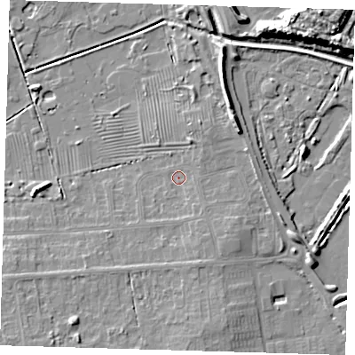Shaded relief map of the ground around DN350NG, computed from Environment Agency LiDAR. The ground here sits at about 4 m above sea level and falls 10 m across the surrounding 800 m. Surface water reaching this point runs off ground lying to the south-east, 2.2 m higher.