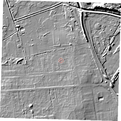 Shaded relief map of the ground around DN350NH, computed from Environment Agency LiDAR. The ground here sits at about 4 m above sea level and falls 10 m across the surrounding 800 m. Surface water reaching this point runs off ground lying to the east-south-east, 1.8 m higher.