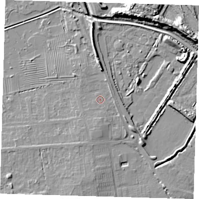 Shaded relief map of the ground around DN350NN, computed from Environment Agency LiDAR. The ground here sits at about 5 m above sea level and falls 10 m across the surrounding 800 m. Surface water reaching this point runs off ground lying to the north-east, 1.3 m higher.