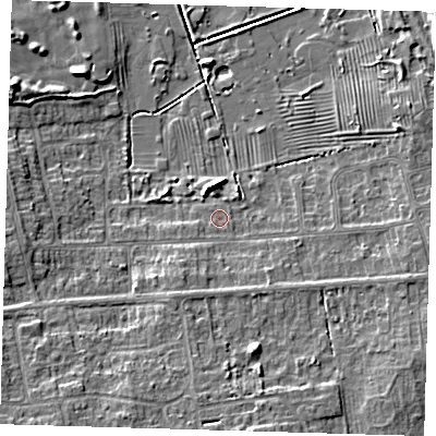 Shaded relief map of the ground around DN350NP, computed from Environment Agency LiDAR. The ground here sits at about 4 m above sea level and falls 7 m across the surrounding 800 m. Surface water reaching this point runs off ground lying to the south-south-west, 2.5 m higher.