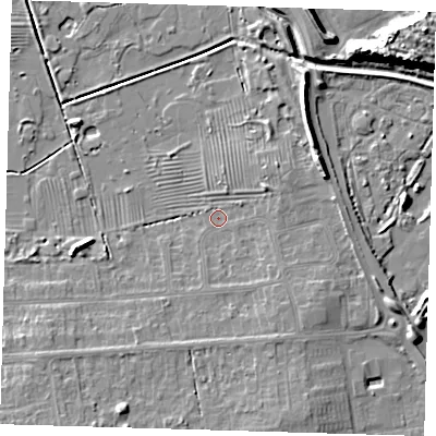 Shaded relief map of the ground around DN350NQ, computed from Environment Agency LiDAR. The ground here sits at about 4 m above sea level and falls 10 m across the surrounding 800 m. Surface water reaching this point runs off ground lying to the south-east, 2.9 m higher.