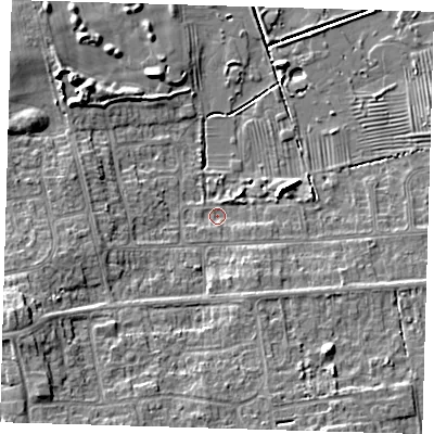 Shaded relief map of the ground around DN350NR, computed from Environment Agency LiDAR. The ground here sits at about 4 m above sea level and falls 9 m across the surrounding 800 m. Surface water reaching this point runs off ground lying to the south-east, 1.0 m higher.