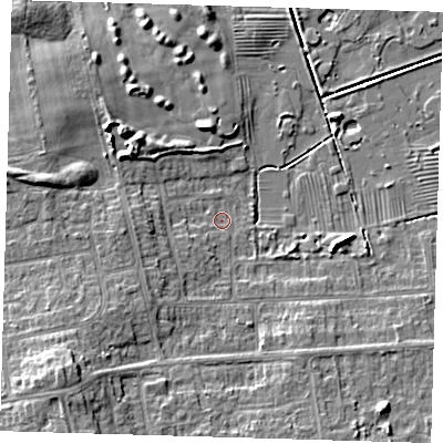 Shaded relief map of the ground around DN350NS, computed from Environment Agency LiDAR. The ground here sits at about 3 m above sea level and falls 9 m across the surrounding 800 m. Surface water reaching this point runs off ground lying to the south-west, 2.8 m higher.