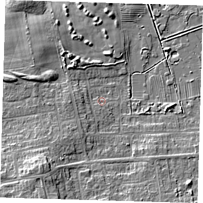 Shaded relief map of the ground around DN350NT, computed from Environment Agency LiDAR. The ground here sits at about 4 m above sea level and falls 9 m across the surrounding 800 m. Surface water reaching this point runs off ground lying to the south-south-west, 1.1 m higher.