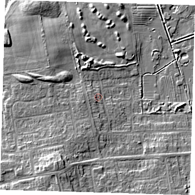 Shaded relief map of the ground around DN350NU, computed from Environment Agency LiDAR. The ground here sits at about 5 m above sea level and falls 9 m across the surrounding 800 m. Surface water reaching this point runs off ground lying to the south, 1.8 m higher.