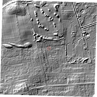 Shaded relief map of the ground around DN350NX, computed from Environment Agency LiDAR. The ground here sits at about 4 m above sea level and falls 9 m across the surrounding 800 m. Surface water reaching this point runs off ground lying to the north-west, 4.2 m higher.