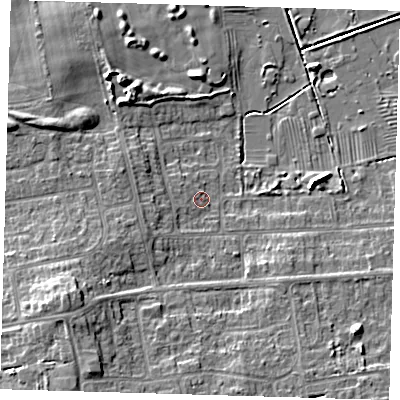 Shaded relief map of the ground around DN350PA, computed from Environment Agency LiDAR. The ground here sits at about 4 m above sea level and falls 9 m across the surrounding 800 m. Surface water reaching this point runs off ground lying to the west-south-west, 2.2 m higher.