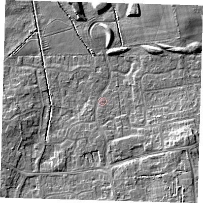 Shaded relief map of the ground around DN350PB, computed from Environment Agency LiDAR. The ground here sits at about 4 m above sea level and falls 8 m across the surrounding 800 m. Surface water reaching this point runs off ground lying to the east-south-east, 7.0 m higher.