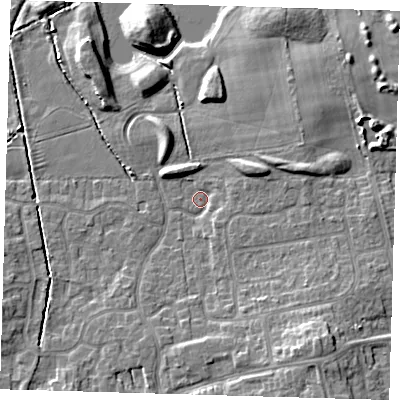 Shaded relief map of the ground around DN350PD, computed from Environment Agency LiDAR. The ground here sits at about 3 m above sea level and falls 8 m across the surrounding 800 m. Surface water reaching this point runs off ground lying to the south-east, 7.0 m higher.
