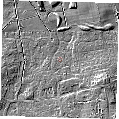 Shaded relief map of the ground around DN350PE, computed from Environment Agency LiDAR. The ground here sits at about 4 m above sea level and falls 8 m across the surrounding 800 m. Surface water reaching this point runs off ground lying to the south, 2.6 m higher.