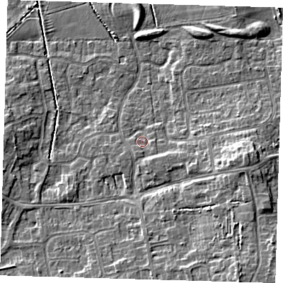 Shaded relief map of the ground around DN350PF, computed from Environment Agency LiDAR. The ground here sits at about 5 m above sea level and falls 9 m across the surrounding 800 m. Surface water reaching this point runs off ground lying to the south-south-east, 1.9 m higher.