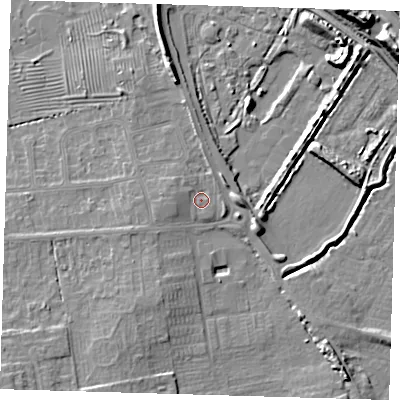 Shaded relief map of the ground around DN350PG, computed from Environment Agency LiDAR. The ground here sits at about 5 m above sea level and falls 10 m across the surrounding 800 m. Surface water reaching this point runs off ground lying to the west-north-west, 1.5 m higher.