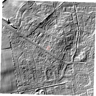 Shaded relief map of the ground around DN350PH, computed from Environment Agency LiDAR. The ground here sits at about 5 m above sea level and falls 6 m across the surrounding 800 m. Surface water reaching this point runs off ground lying to the south-south-east, 1.1 m higher.