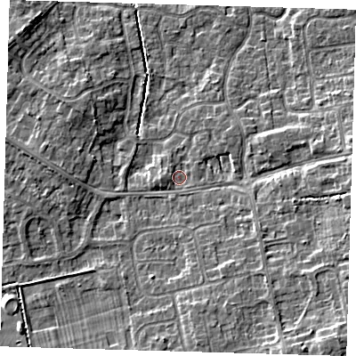 Shaded relief map of the ground around DN350PJ, computed from Environment Agency LiDAR. The ground here sits at about 4 m above sea level and falls 8 m across the surrounding 800 m. Surface water reaching this point runs off ground lying to the south-east, 6.6 m higher.