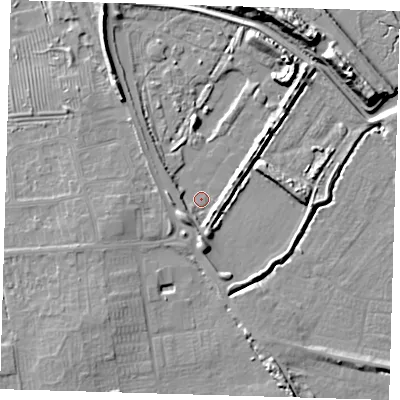 Shaded relief map of the ground around DN350PL, computed from Environment Agency LiDAR. The ground here sits at about 3 m above sea level and falls 11 m across the surrounding 800 m. Surface water reaching this point runs off ground lying to the south-west, 3.9 m higher.