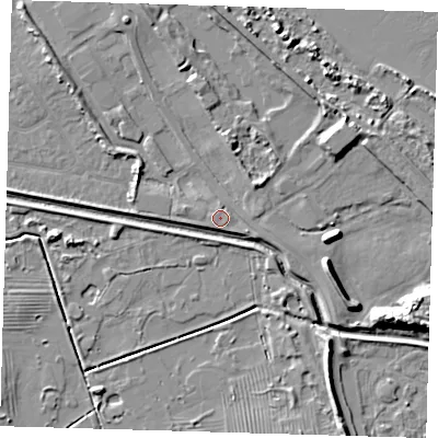 Shaded relief map of the ground around DN350PN, computed from Environment Agency LiDAR. The ground here sits at about 4 m above sea level and falls 10 m across the surrounding 800 m. Surface water reaching this point runs off ground lying to the east-south-east, 1.5 m higher.