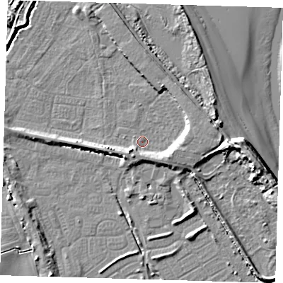 Shaded relief map of the ground around DN350PW, computed from Environment Agency LiDAR. The ground here sits at about 3 m above sea level and falls 11 m across the surrounding 800 m. Surface water reaching this point runs off ground lying to the east, 4.2 m higher.