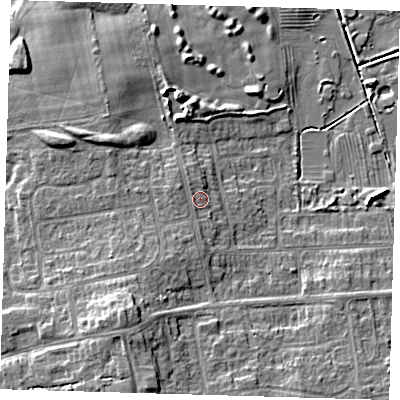 Shaded relief map of the ground around DN350PY, computed from Environment Agency LiDAR. The ground here sits at about 5 m above sea level and falls 9 m across the surrounding 800 m. Surface water reaching this point runs off ground lying to the west, 1.0 m higher.