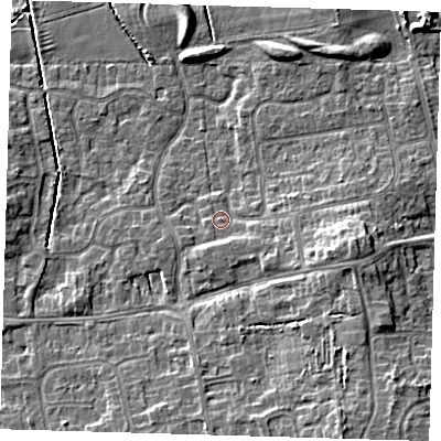 Shaded relief map of the ground around DN350QE, computed from Environment Agency LiDAR. The ground here sits at about 5 m above sea level and falls 9 m across the surrounding 800 m. Surface water reaching this point runs off ground lying to the east-south-east, 5.6 m higher.