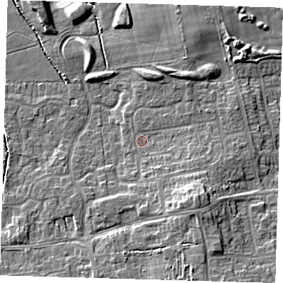 Shaded relief map of the ground around DN350QF, computed from Environment Agency LiDAR. The ground here sits at about 4 m above sea level and falls 8 m across the surrounding 800 m. Surface water reaching this point runs off ground lying to the east-south-east, 2.7 m higher.