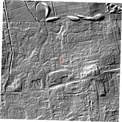 Shaded relief map of the ground around DN350QQ, computed from Environment Agency LiDAR. The ground here sits at about 4 m above sea level and falls 8 m across the surrounding 800 m. Surface water reaching this point runs off ground lying to the east-south-east, 5.9 m higher.