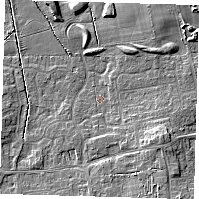 Shaded relief map of the ground around DN350QU, computed from Environment Agency LiDAR. The ground here sits at about 4 m above sea level and falls 8 m across the surrounding 800 m. Surface water reaching this point runs off ground lying to the east-south-east, 6.4 m higher.