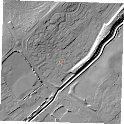 Shaded relief map of the ground around DN350RH, computed from Environment Agency LiDAR. The ground here sits at about 5 m above sea level and falls 12 m across the surrounding 800 m. Surface water reaching this point runs off ground lying to the north-west, 5.4 m higher.