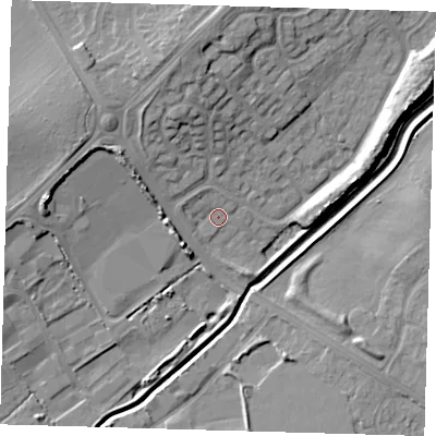 Shaded relief map of the ground around DN350RJ, computed from Environment Agency LiDAR. The ground here sits at about 5 m above sea level and falls 12 m across the surrounding 800 m. Surface water reaching this point runs off ground lying to the west-north-west, 1.9 m higher.